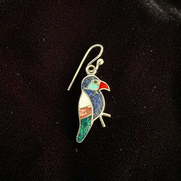 Peruvian Silver Lapiz Lazuli Inlay Parrot Bird Earrings - Picture 4 of 6